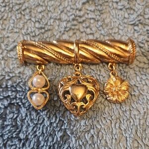 1928 Vintage Gold Tone Heart and Faux Pearl Charm Pin/Brooch, Mother's Day